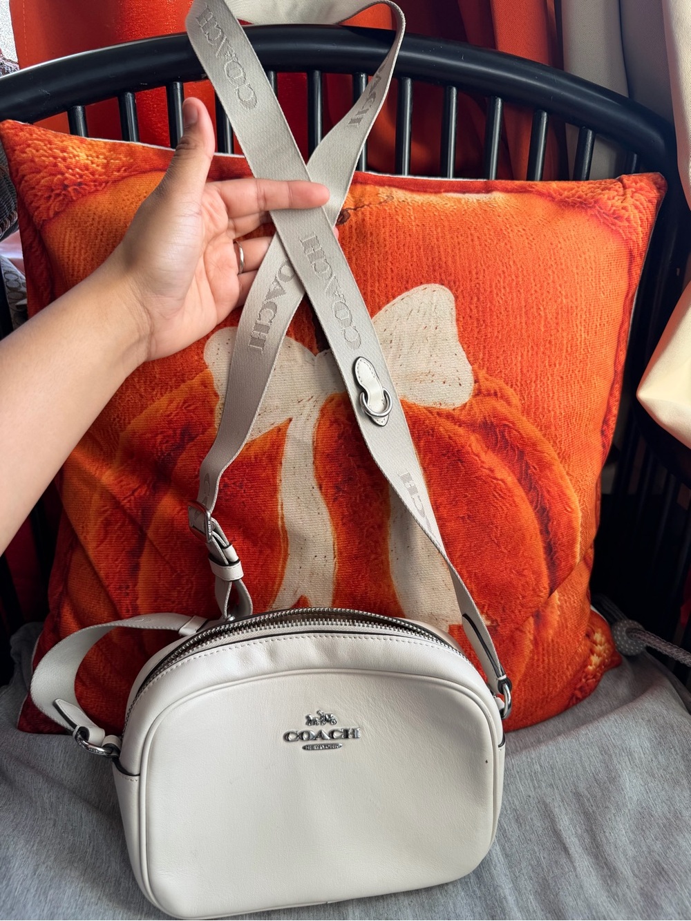 Coach Cream Leather Crossbody Camera Bag with Logo Strap